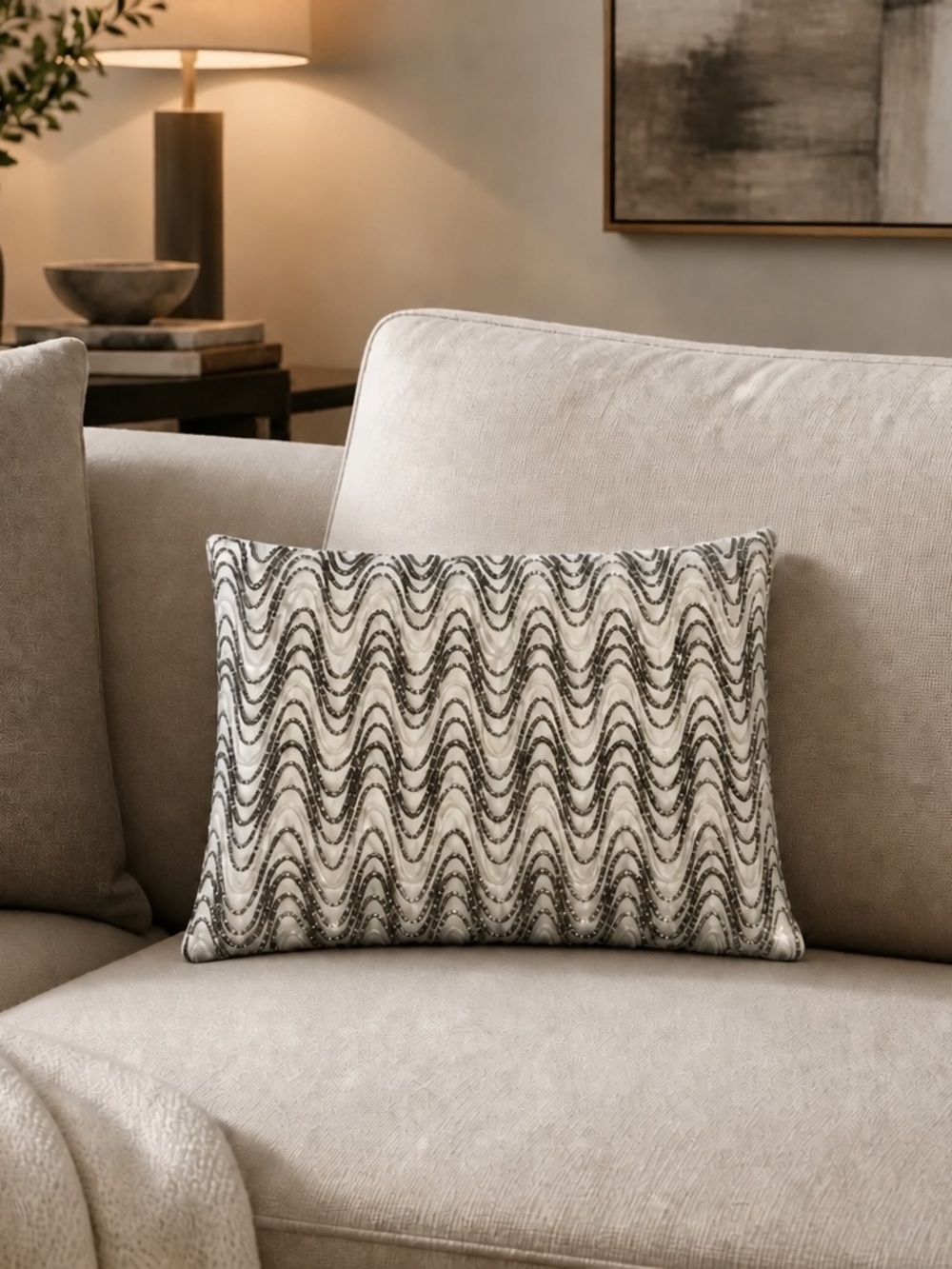 Pier 1 Imports Pillow Cover Metallic Beaded Rectangular Illusion Wave Silver